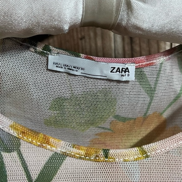 Zara Tropical Floral Bold Brat Sheer Tulle Mesh Short Sleeve Midi Dress Sz L - Picture 3 of 10